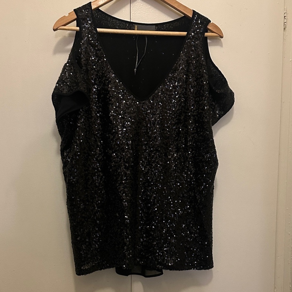 i jeans by Buffalo Black Sequin Cold Shoulder Blouse